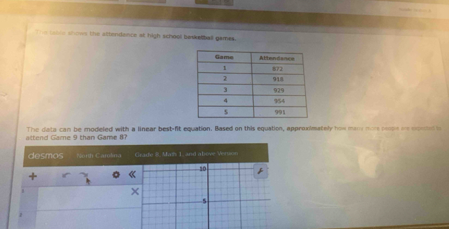 The table shows the attendance at high school basketball games. 
The data can be modeled with a linear best-fit equation. Based on this equation, approximately how many more people are expected to 
attend Game 9 than Game 8? 
desmos North Carolina Grade 8, Math 1, and above Versson
10
1
5
2