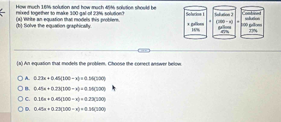 How much 16% solution and how much 45% solution should be
mixed together to make 100 gal of 23% solution? Solution 1 Solution 2 Combined
(a) Write an equation that models this problem. + solution
(b) Solve the equation graphically. x gallons (100-x) = 100 gallons
16% gallons
45% 23%
(a) An equation that models the problem. Choose the correct answer below.
A. 0.23x+0.45(100-x)=0.16(100)
B. 0.45x+0.23(100-x)=0.16(100)
C. 0.16x+0.45(100-x)=0.23(100)
D. 0.45x+0.23(100-x)=0.16(100)