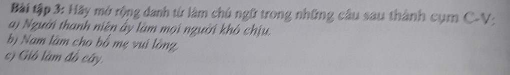 Bài tập 3: Hãy mở rộng danh từ làm chú ngữ trong những câu sau thành cụm C-V; 
a) Người thanh niên ấy làm mọi người khó chịu. 
bị Nam làm cho bố mẹ vui lòng, 
c) Gib làm đồ cây,