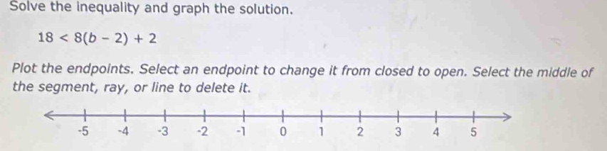 Solve the inequality and graph the solution.
18<8(b-2)+2
Plot the endpoints. Select an endpoint to change it from closed to open. Select the middle of 
the segment, ray, or line to delete it.