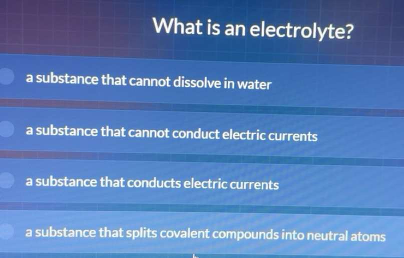 Solved: What is an electrolyte? a substance that cannot dissolve in ...