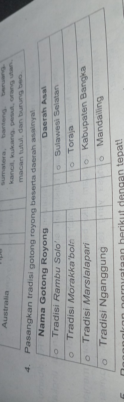Australia sumatera， banteng, beruang 
kancil, kukang, pesut, orang utan, 
macan tutul, dan burung beo. 
4. Pasangkan tradisi gotong royon 
bernvataan berikut dengan tepat!