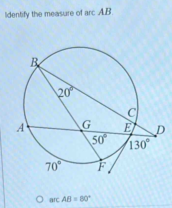 Identify the measure of arc AB.
arcAB=80°