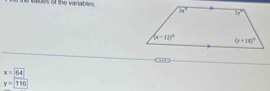 the values of the variables.
x=64
y=116