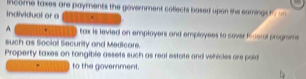 income taxes are payments the government collects based upon the earnings i , an 
individual or a
A tax is levied on employers and employees to sover federal programs
such as Social Security and Medicare.
Property taxes on tangible assets such as real estate and vehicies are paid
to the government.