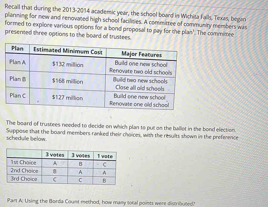 Recall that during the 2013-2014 academic year, the school board in Wichita Falls, Texas, began 
planning for new and renovated high school facilities. A committee of community members was 
formed to explore various options for a bond proposal to pay for the plan’. The committee 
presented three options to the board of trustees. 
The board of trustees needed to decide on which plan to put on the ballot in the bond election. 
Suppose that the board members ranked their choices, with the results shown in the preference 
schedule below. 
Part A: Using the Borda Count method, how many total points were distributed?