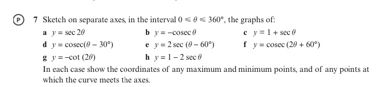 Sketch on separate axes, in the interval 0≤ θ ≤ 360° , the graphs of: 
a y=sec 2θ
b y=-cos ecθ c y=1+sec θ
d y=cos ec(θ -30°) e y=2sec (θ -60°) f y=cos ec(2θ +60°)
g y=-cot (2θ ) h y=1-2sec θ
In each case show the coordinates of any maximum and minimum points, and of any points at 
which the curve meets the axes.