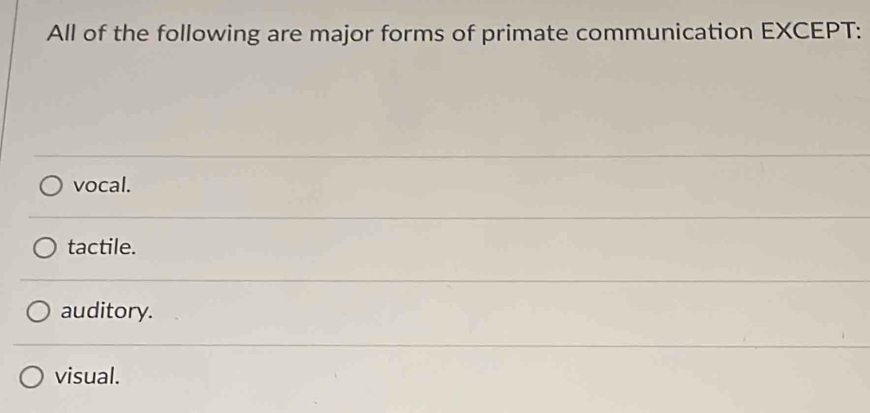 Solved: All of the following are major forms of primate communication ...