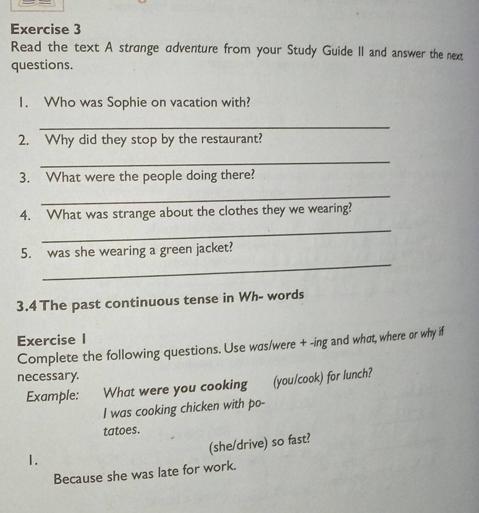 Read the text A strange adventure from your Study Guide II and answer the next 
questions. 
1. Who was Sophie on vacation with? 
_ 
2. Why did they stop by the restaurant? 
_ 
3. What were the people doing there? 
_ 
4. What was strange about the clothes they we wearing? 
_ 
_ 
5. was she wearing a green jacket? 
3.4 The past continuous tense in Wh- words 
Exercise I 
Complete the following questions. Use was/were + -ing and what, where or why if 
necessary. 
Example: What were you cooking (you/cook) for lunch? 
I was cooking chicken with po- 
tatoes. 
(she/drive) so fast? 
1. 
Because she was late for work.