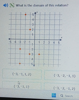 What is the domain of this relation?
 -3,-1,1,2  -3,-2,-1,1
 -3,-1,1  -3,-2,-1,2
Search