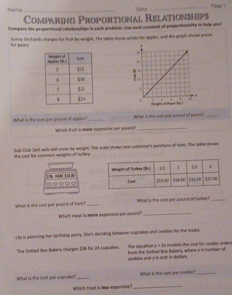 Name _Date _Page 1 
Comparing Proportional Relationships 
Compare the proportional relationships in each problem. Use each constant of proportionality to help youl 
Sunny Orchards charges for fruit by weight. The table shows prices for apples, and the graph shows prices 
for pears. 



What is the cost per pound of apples? _What is the cost per pound of pears?_ 
Which fruit is more expensive per pound?_ 
Sub Club Deli sells deli meat by weight. The scale shows one customer's purchase of ham. The table shows 
the cost for common weights of turkey. 
2 Ib. HAM $14.00
What is the cost per pound of ham?_ What is the cost per pound of turkey?_ 
Which meat is more expensive per pound?_ 
Lily is planning her birthday party. She's deciding between cupcakes and cookies for the treats. 
The Dotted Box Bakery charges $36 for 24 cupcakes. The equation y=2x models the cost for cookie orders 
from the Dotted Box Bakery, where x is number of 
cookies and y is cost in dollars. 
What is the cost per cupcake? _What is the cost per cookie?_ 
Which treat is less expensive?_