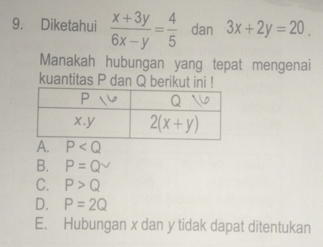 Diketahui  (x+3y)/6x-y = 4/5  dan 3x+2y=20.
Manakah hubungan yang tepat mengenai
kuantitas P dan Q berikut ini !
A. P
B. P=Qvee
C. P>Q
D. P=2Q
E. Hubungan x dan y tidak dapat ditentukan