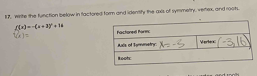 Write the function below in factored form and identify the axis of symmetry, vertex, and roots.
f(x)=-(x+3)^2+16