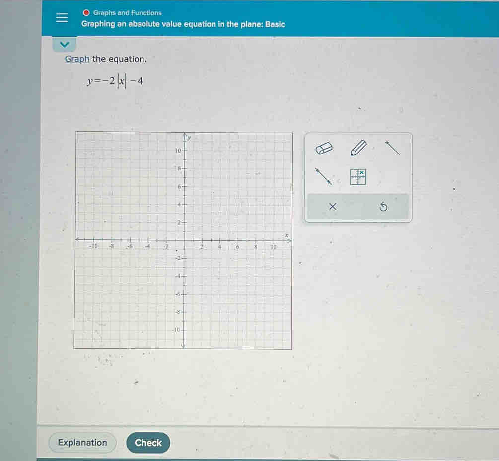 Graphs and Functions 
Graphing an absolute value equation in the plane: Basic 
Graph the equation.
y=-2|x|-4
× 
Explanation Check