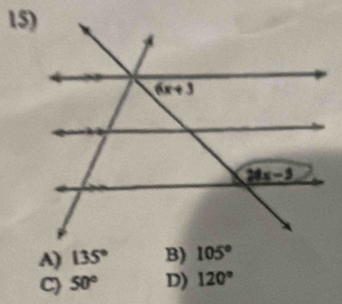 A) 135° B) 105°
C) 50° D) 120°