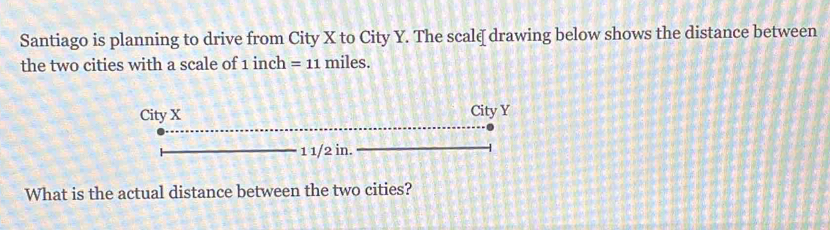 Santiago is planning to drive from City X to City Y. The scalq drawing below shows the distance between 
the two cities with a scale of 1 inch =11 miles. 
City X City Y
1 1/2 in. 
What is the actual distance between the two cities?