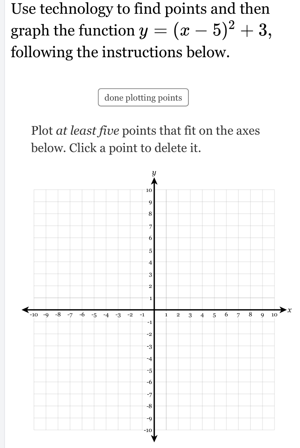 Use technology to find points and then 
graph the function y=(x-5)^2+3, 
following the instructions below. 
done plotting points 
Plot at least five points that fit on the axes 
below. Click a point to delete it.
x