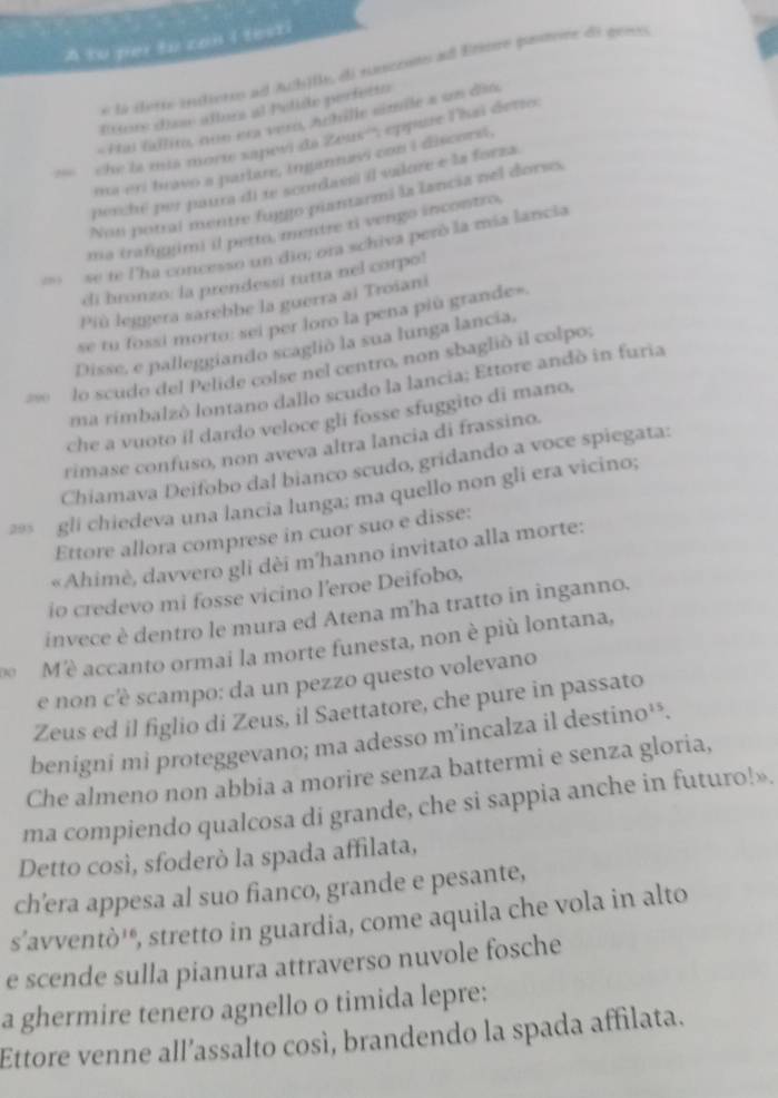 A to per to can I testi
* là ilette indietos ad Ach)ll, di nuncoos ad Eriore pastore di gens.
Botors diase allors al Pelide perfetto
-Hai fallito, nún era vero, Achille simie a un da6.
?“ che la mis morie sapevi da Zous'', eppue lhaï detto.
ma erí travo a parlare, ingannass con i discorst.
penché per paura di te scordaes il vadore e la forza.
Non potral mentre fuggo piantarmi la lancia nel dorso.
ma trafigjimi il petto, mentre ti vengo incontro,
se te l'ha concesso un dio; ora schiva peró la mía lancia
di bronzo: la prendessi tutta nel corpo!
Più leggera sarebbe la guerra ai Troiani
se tu fossi morto: sei per loro la pena più grande»
Disse, e palleggiando scaglió la sua lunga lancia,
=*  lo scudo del Pelide colse nel centro, non sbaglió il colpo;
ma rimbalzò lontano dallo scudo la lancia; Ettore andó in furia
che a vuoto il dardo veloce gli fosse sfuggito di mano,
rimase confuso, non aveva altra lancia di frassino.
Chiamava Deifobo dal bianco scudo, gridando a voce spiegata:
≈ gli chiedeva una lancia lunga; ma quello non gli era vicino;
Ettore allora comprese in cuor suo e disse:
«Ahimè, davvero gli dèi m'hanno invitato alla morte:
io credevo mi fosse vicino l'eroe Deifobo,
invece è dentro le mura ed Atena m'ha tratto in inganno.
Mè accanto ormai la morte funesta, non è più lontana,
e non c'è scampo: da un pezzo questo volevano
Zeus ed il figlio di Zeus, il Saettatore, che pure in passato
benigni mi proteggevano; ma adesso m'incalza il destino¹³.
Che almeno non abbia a morire senza battermi e senza gloria,
ma compiendo qualcosa di grande, che si sappia anche in futuro!».
Detto così, sfoderò la spada affilata,
ch’era appesa al suo fianco, grande e pesante,
s’avventò¹*, stretto in guardia, come aquila che vola in alto
e scende sulla pianura attraverso nuvole fosche
a ghermire tenero agnello o timida lepre:
Ettore venne all’assalto così, brandendo la spada affilata.