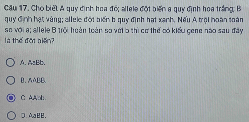 Cho biết A quy định hoa đỏ; allele đột biến a quy định hoa trắng; B
quy định hạt vàng; allele đột biến b quy định hạt xanh. Nếu A trội hoàn toàn
so với a; allele B trội hoàn toàn so với b thì cơ thể có kiểu gene nào sau đây
là thể đột biến?
A. AaBb.
B. AABB.
C. AAbb.
D. AaBB.