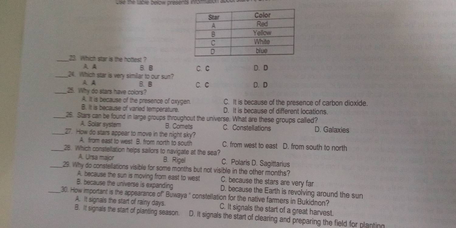 use the sable below presents information about .
_23. Which star is the hottest ?
A A B. B C. C D. D
_24. Which star is very similar to our sun?
A A B.B C. C D. D
_25. Why do stars have colors?
A.. It is because of the presence of oxygen. C. It is because of the presence of carbon dioxide.
B. It is because of varied temperature. D. It is because of different locations.
_26. Stars can be found in large groups throughout the universe. What are these groups called?
A. Solar system B. Comets C. Constellations
D. Galaxies
_27. How do stars appear to move in the night sky?
A. from east to west B. from north to south C. from west to east D. from south to north
_28. Which constellation helps sailors to navigate at the sea?
A. Ursa major B. Rigel C. Polaris D. Sagittarius
_29. Why do constellations visible for some months but not visible in the other months?
A. because the sun is moving from east to west C. because the stars are very far
B. because the universe is expanding D. because the Earth is revolving around the sun
_30. How important is the appearance of" Buwaya " constellation for the native farmers in Bukidnon?
A. It signals the start of rainy days. C. It signals the start of a great harvest.
B. It signals the start of planting season. D. It signals the start of clearing and preparing the field for planting