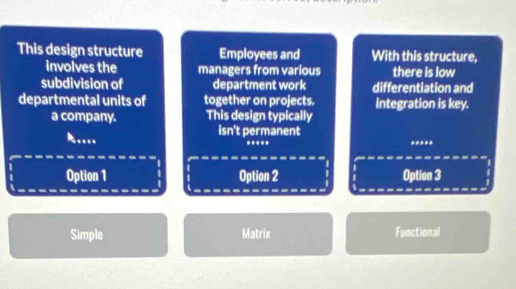 This design structure Employees and With this structure,
involves the managers from various there is low
subdivision of department work differentiation and
departmental units of together on projects. integration is key.
a company. This design typically
isn't permanent
..
Option 1 Option 2 Option 3
Simple Matrix Functional