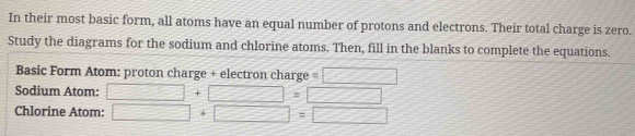 In their most basic form, all atoms have an equal number of protons and electrons. Their total charge is zero. 
Study the diagrams for the sodium and chlorine atoms. Then, fill in the blanks to complete the equations. 
Basic Form Atom: proton charge + electron charge = =□
Sodium Atom: □ +□ =□
Chlorine Atom: □ +□ =□