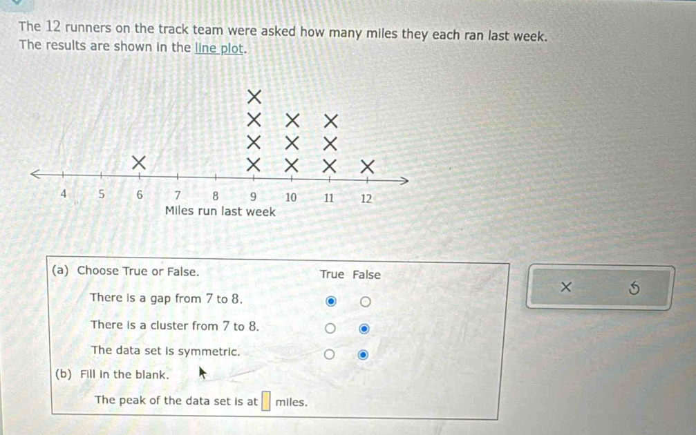 The 12 runners on the track team were asked how many miles they each ran last week.
The results are shown in the line plot.
(a) Choose True or False. True False
× 5
There is a gap from 7 to 8.
There is a cluster from 7 to 8.
The data set is symmetric.
(b) Fill in the blank.
The peak of the data set is at miles.