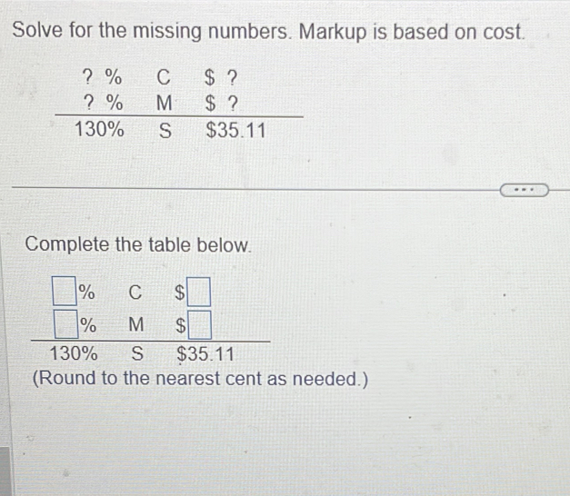 Solve for the missing numbers. Markup is based on cost.
Complete the table below.
(Round to the nearest cent as needed.)