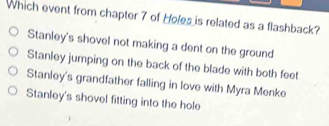 Which event from chapter 7 of Holes is related as a flashback?
Stanley's shovel not making a dent on the ground
Stanley jumping on the back of the blade with both feet
Stanley's grandfather falling in love with Myra Menke
Stanley's shovel fitting into the hole