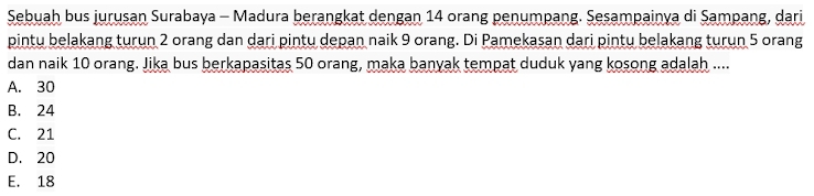 Sebuah bus jurusan Surabaya - Madura berangkat dengan 14 orang penumpang. Sesampainya di Sampang, dari
pintu belakang turun 2 orang dan dari pintu depan naik 9 orang. Di Pamekasan dari pintu belakang turun 5 orang
dan naik 10 orang. Jika bus berkapasitas 50 orang, maka banyak tempat duduk yang kosong adalah ....
A. 30
B. 24
C. 21
D. 20
E. 18