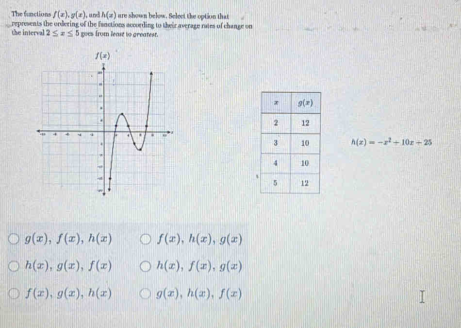 The functions f(x),g(x) , and h(x) are shown below. Select the option that
represents the ordering of the functions according to their average rates of change on
the interval 2≤ x≤ 5 goes from least to greatest.
h(x)=-x^2+10x+25
g(x),f(x),h(x) f(x),h(x),g(x)
h(x),g(x),f(x) h(x),f(x),g(x)
f(x),g(x),h(x) g(x),h(x),f(x)