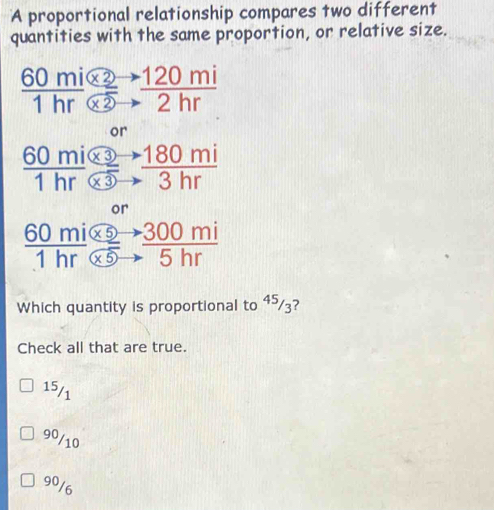 A proportional relationship compares two different
quantities with the same proportion, or relative size.
 (60mi* 2to 120mi)/1hr(x2)to 2hr 
or
 (60mi* 3to 180mi)/1hr* 3to 3hr 
or
frac 60mi * 5to 300mi1hr * 5to 5hr
Which quantity is proportional to ⁴5/3?
Check all that are true.
15/1
90/10
90/6