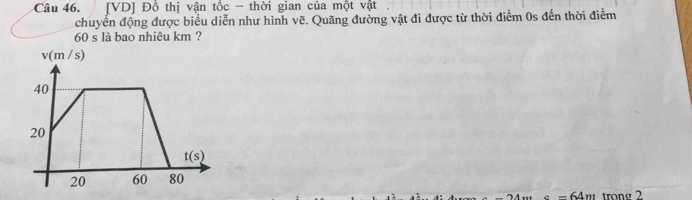 [VD] Đồ thị vận tốc - thời gian của một vật . 
chuyển động được biểu diễn như hình vẽ. Quãng đường vật đi được từ thời điểm 0s đến thời điểm
60 s là bao nhiêu km ?
v(m/s)
40
20
t(s)
20 60 80
e=64m trong 2