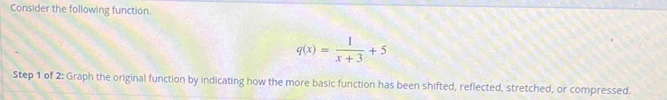 Consider the following function.
q(x)= 1/x+3 +5
Step 1 of 2: Graph the original function by indicating how the more basic function has been shifted, reflected, stretched, or compressed.