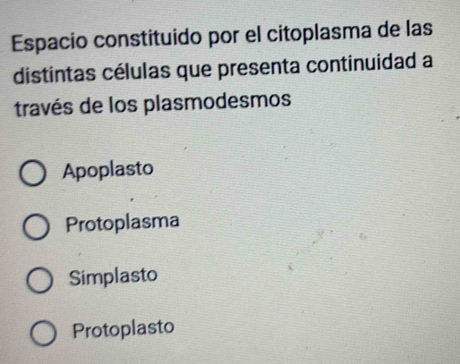 Espacio constituido por el citoplasma de las
distintas células que presenta continuidad a
través de los plasmodesmos
Apoplasto
Protoplasma
Simplasto
Protoplasto