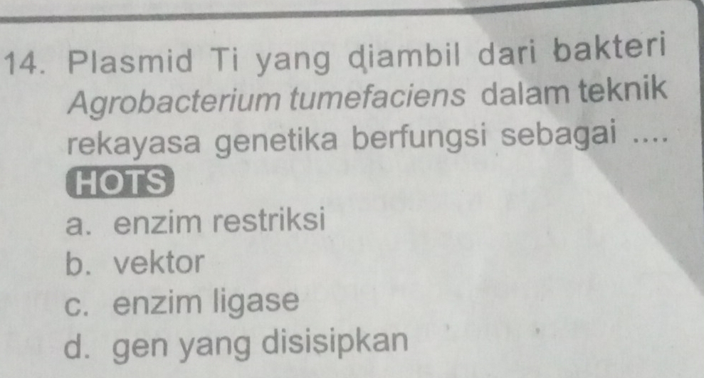 Plasmid Ti yang diambil dari bakteri
Agrobacterium tumefaciens dalam teknik
rekayasa genetika berfungsi sebagai ....
HOTS
a. enzim restriksi
b. vektor
c. enzim ligase
d. gen yang disisipkan