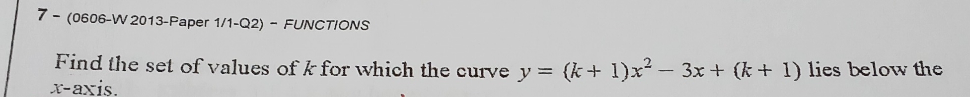 7 - (0606-W 2013-Paper 1/1-Q2) - FUNCTIONS 
Find the set of values of k for which the curve y=(k+1)x^2-3x+(k+1) lies below the 
x-axis.