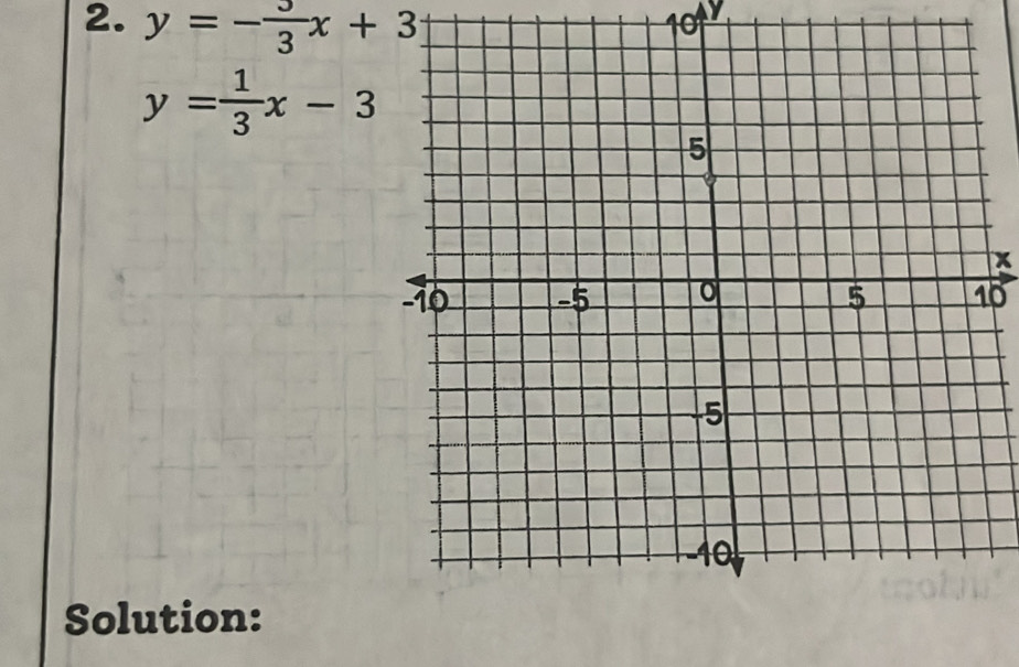 y=- 3/3 x+3
10
y= 1/3 x-3
x
10
Solution: