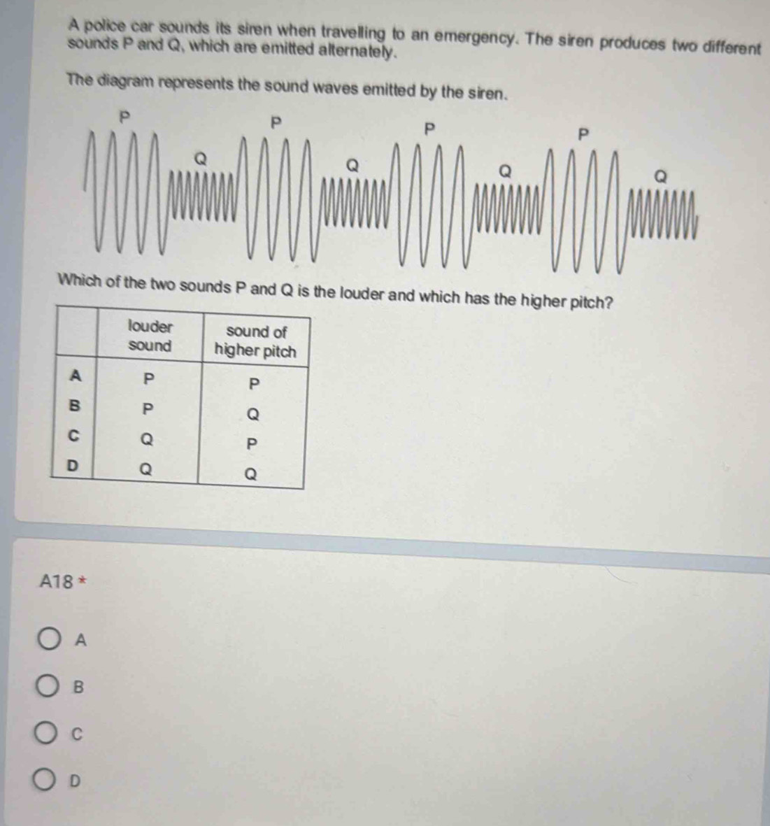 A police car sounds its sirn when travelling to an emergency. The siren produces two different
sounds P and Q, which are emitted alternately.
The diagram represents the sound waves emitted by the siren.
P
P
P
P
Q
Q
Q
Q
Which of the two sounds P and Q is the louder and which has the higher pitch?
A18 *
A
B
C
D