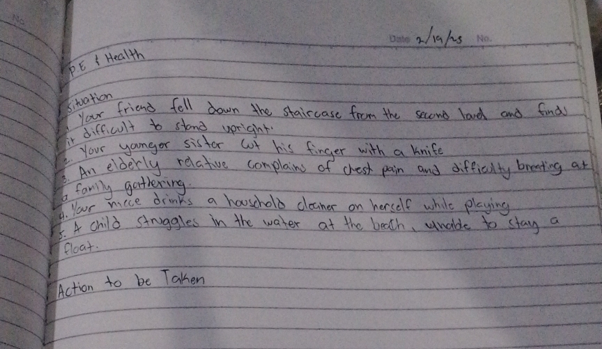 zhahs 
P.E i Health 
situation 
Your friend fell down the staircase from the second laud and finds 
fir difficult to stand upright 
Your youngor sister cot his finger with a knife 
B. An elderly relative complains of chesk pain and difficulty breating at 
b family gathering 
A. Your niice drinks a houschold cleaner on herself while playing 
5. 4 child struggles in the water at the beath, unable to stay a 
float. 
Action to be Taken