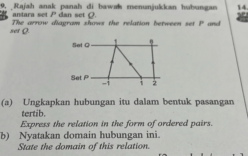 Rajah anak panah di bawah menunjukkan hubungan 14.
M
14 antara set P dan set Q. 
26 
The arrow diagram shows the relation between set P and 
set Q. 
B 
Set Q
Set P
-1
i 
(a) Ungkapkan hubungan itu dalam bentuk pasangan 
tertib. 
Express the relation in the form of ordered pairs. 
b) Nyatakan domain hubungan ini. 
State the domain of this relation.