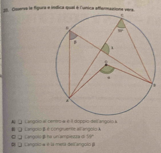 Osserva le figura e índica qual é l'unica affermazione vera.
A) * L'angolo al centro α é il doppio dell'angolo λ
B)  L'angolo β è congruente all'angolo λ
C   L'angolo β ha un'ampiezza di 59°
D) ' L'angolo α è la metà dell'angolo β