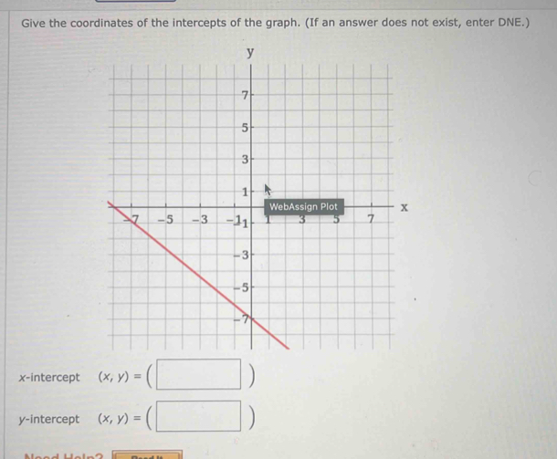 Give the coordinates of the intercepts of the graph. (If an answer does not exist, enter DNE.)
x-intercept (x,y)=(□ )
y-intercept (x,y)=(□ )