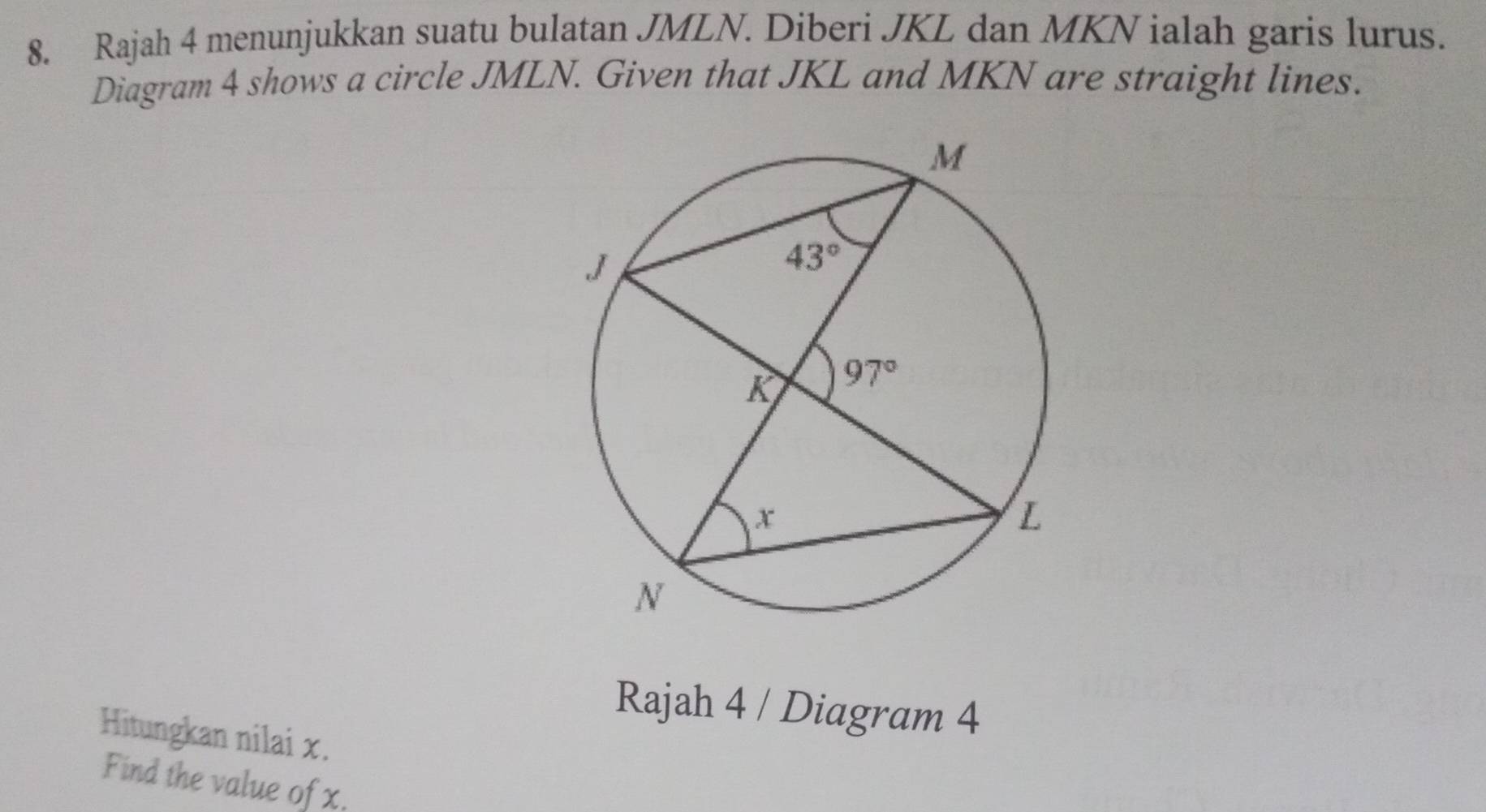 Rajah 4 menunjukkan suatu bulatan JMLN. Diberi JKL dan MKN ialah garis lurus.
Diagram 4 shows a circle JMLN. Given that JKL and MKN are straight lines.
Rajah 4 / Diagram 4
Hitungkan nilai x.
Find the value of x.