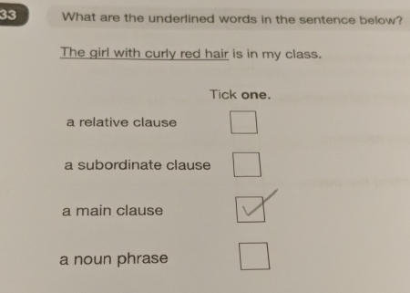 What are the underlined words in the sentence below?
The girl with curly red hair is in my class.
Tick one.
a relative clause
a subordinate clause
a main clause
a noun phrase