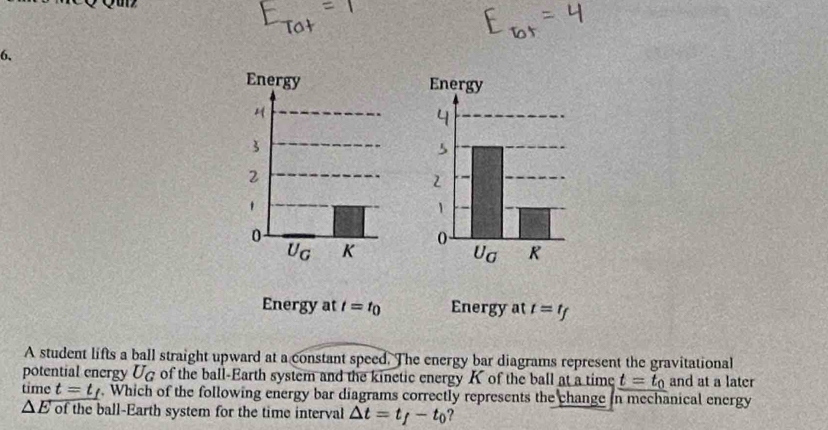 Energy at t=t_0 Energy at t=t_f
A student lifts a ball straight upward at a constant speed. The energy bar diagrams represent the gravitational 
potential energy U of the ball-Earth system and the kinetic energy K of the ball at a time t=t_0 and at a later 
time t=t_f. Which of the following energy bar diagrams correctly represents the change in mechanical energy
△ E of the ball-Earth system for the time interval △ t=t_f-t_0 ?