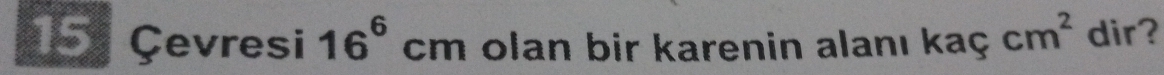 15 çevresi 16^6cm olan bir karenin alanı kaç cm^2 dir?