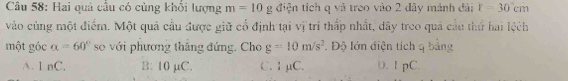 Hai quả cầu có cùng khổi lượng m=10 g điện tích q và treo vào 2 dây mảnh đài r=30cm
vào cùng một điểm. Một quả cầu được giữ cổ định tại vị trí thấp nhất, dây treo quả cầu thứ hai lệch
một góc alpha =60° so với phương thắng đứng. Cho g=10m/s^2 Độ lớn điện tích q bằng
A. 1 nC. B: 10 μC. C. 1 μC. D. 1 pC.