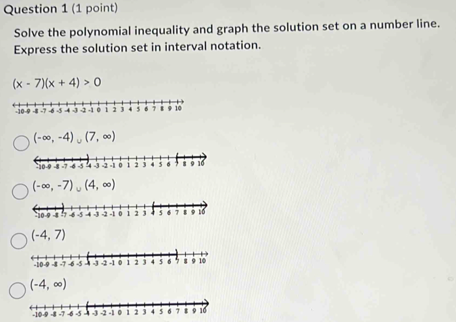 Solve the polynomial inequality and graph the solution set on a number line.
Express the solution set in interval notation.
(x-7)(x+4)>0
(-∈fty ,-4)∪ (7,∈fty )
(-∈fty ,-7)∪ (4,∈fty )
(-4,7)
(-4,∈fty )