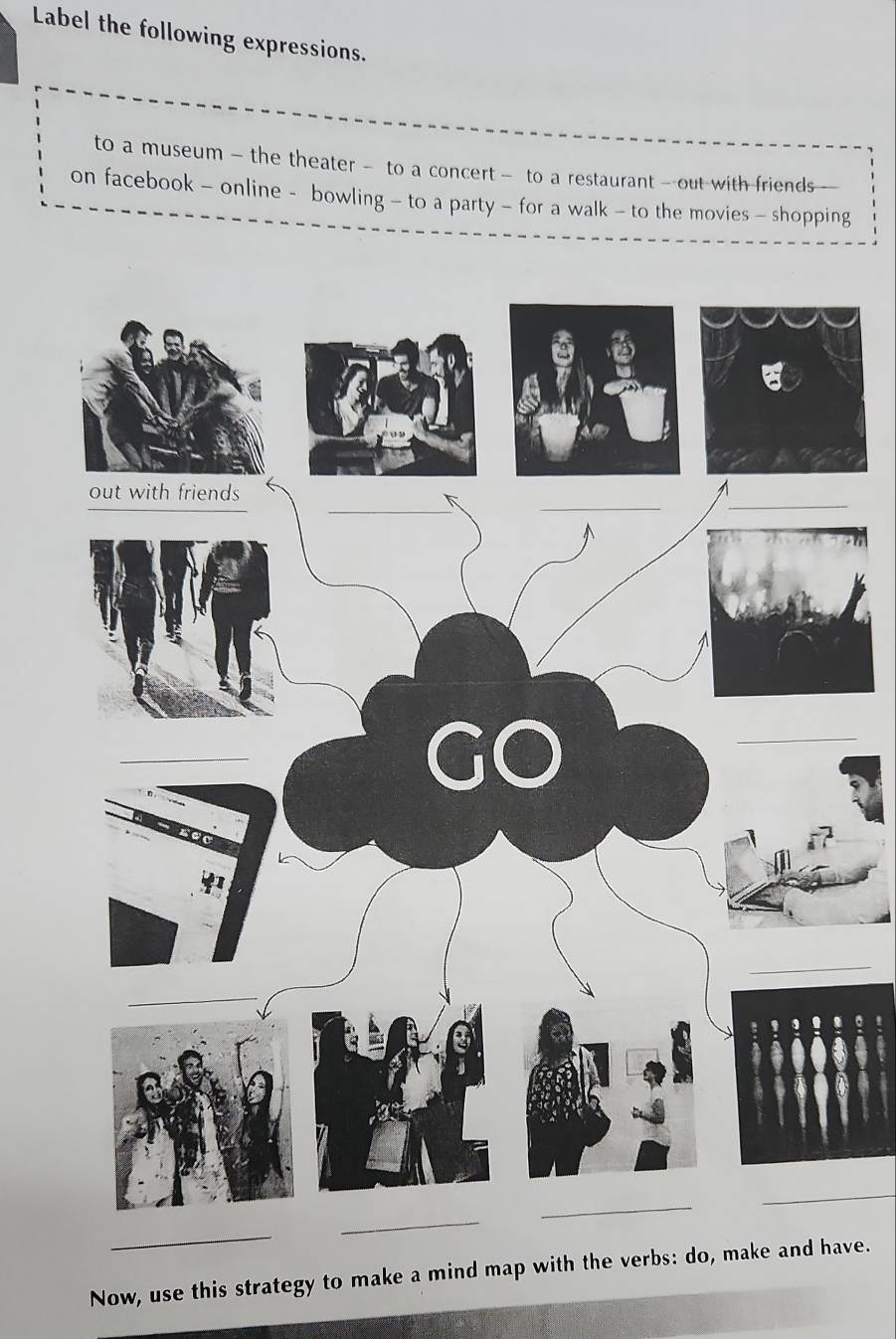 Label the following expressions. 
to a museum - the theater - to a concert- to a restaurant - out with friends 
on facebook - online - bowling - to a party - for a walk - to the movies - shopping 
_ 
_ 
_ 
Now, use this strategy to make a mind map with the verbs: do, make and have.